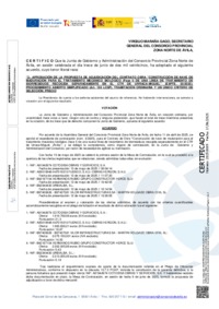 Certificado de la Junta de Gobierno y Administración del Consorcio Provincial Zona Norte de Ávila